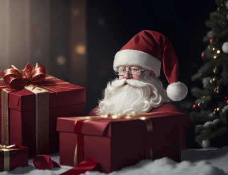 Illustration Gift box and Santa Claus inside the house, merry Christmas night.generative AIの素材