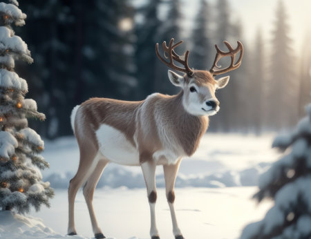 Illustration of a reindeer on a snowy field.generative AIの素材