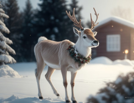Illustration of a reindeer on a snowy field.generative AIの素材