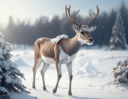 Illustration of a reindeer on a snowy field.generative AIの素材
