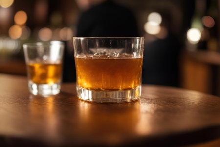 Illustration Glass of alcohol on a wooden table in a bar against a blurred background of people drinking.generative AIの素材