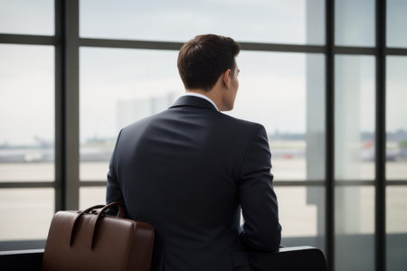 Illustration of a young man in a suit waiting for something at the airport, back view.generative AIの素材
