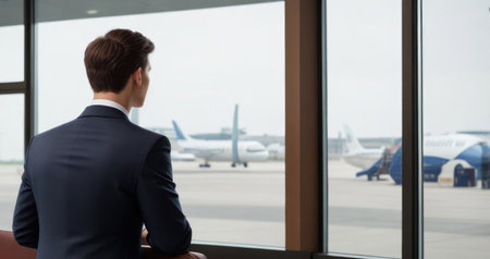 Illustration of a young man in a suit waiting for something at the airport, back view.generative AIの素材