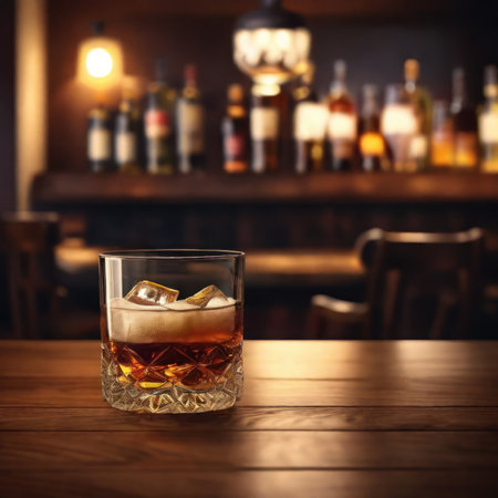 Illustration of a glass of alcohol on a table in a bar against the backdrop of a group of people drinking .Generative AIの素材