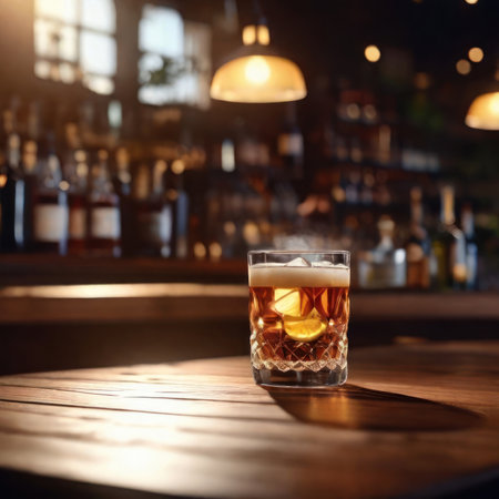 Illustration of a glass of alcohol on a table in a bar against the backdrop of a group of people drinking .Generative AIの素材