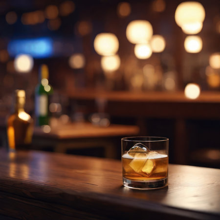 Illustration of a glass of alcohol on a table in a bar against the backdrop of a group of people drinking .Generative AIの素材