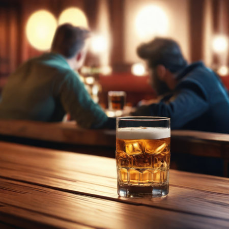 Illustration of a glass of alcohol on a table in a bar against the backdrop of a group of people drinking .Generative AIの素材
