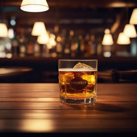 Illustration of a glass of alcohol on a table in a bar against the backdrop of a group of people drinking .Generative AIの素材