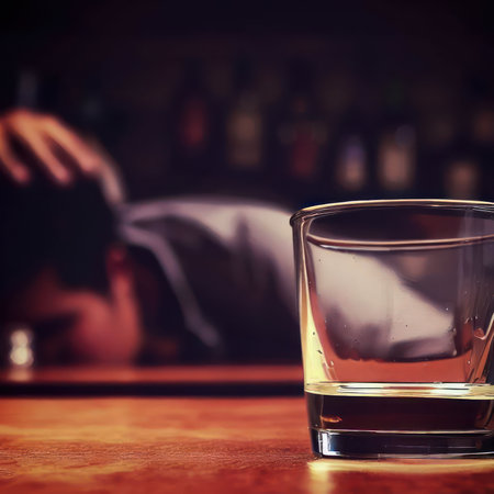 Illustration of a glass of liquor on a table in a bar against the backdrop of a sleeping drunk man .Generative AIの素材