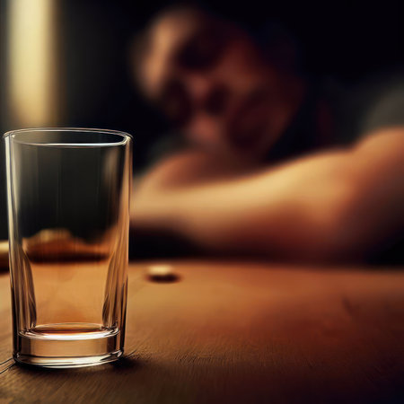 Illustration of a glass of liquor on a table in a bar against the backdrop of a sleeping drunk man .Generative AIの素材