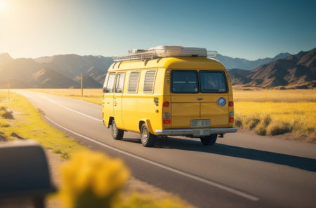 Illustration of a yellow camper van on a road with beautiful mountain backdrops.generative AIの素材