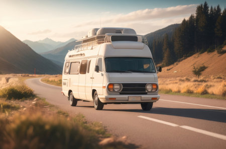 Illustration of a white camper van on a road with beautiful mountain backdrops.generative AIの素材