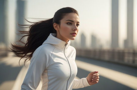 Illustration of a young woman in fitness clothes jogging in the morning.Generative AIの素材