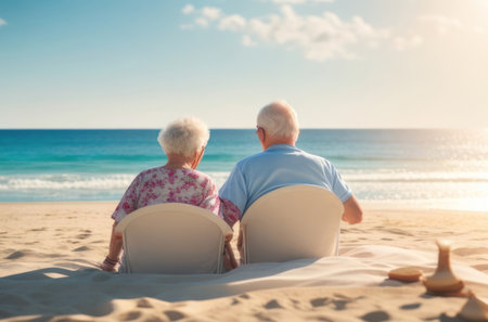 illustration an old couple on the sandy beach sitting and watching the sea View from behind.Generative AIの素材