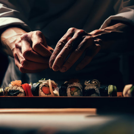 Illustration. The hand of an experienced Japanese chef is making sushi arranged on a plate. Ready to serve.Generative AIの素材