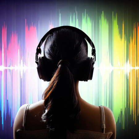 Behind the scenes of young woman wearing headphones against sound waves background.generative AIの素材