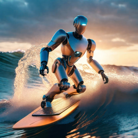 Intelligent AI robot surfing on a surfboard,concept AI robot mimics human activity.generative AIの素材