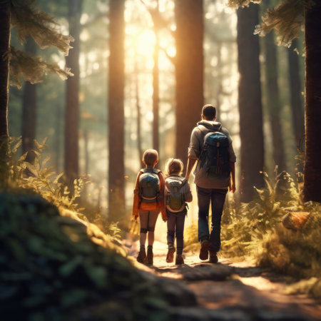 Behind the scenes of a family doing hiking activities in the bright summer.Generative AIの素材