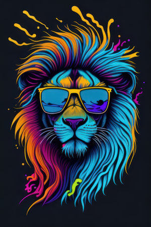 Colorful lion head illustration, wearing glasses, water droplets, screen-printed t-shirt. Generative AIの素材