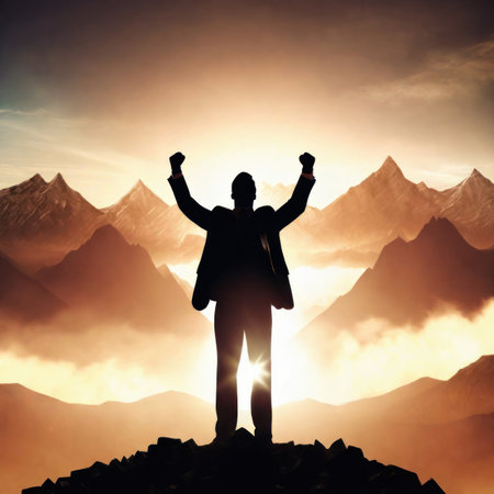 Silhouette of successful businessman keeping hands up hiking on the top of mountain - Celebrating success, winner and leader concept, Generative AIの素材