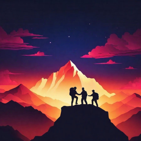 Illustration: Silhouettes of hikers helping each other climb to the top, concept of helping each other, teamwork. Generative AIの素材