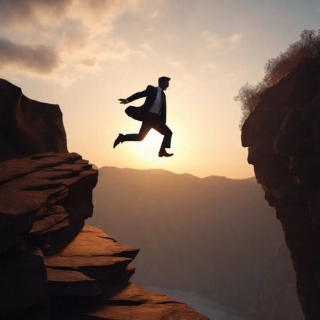 Illustration: Silhouette of a young businessman Jumping over mountains, the concept of rapid growth, moving towards new things. Generative AIの素材