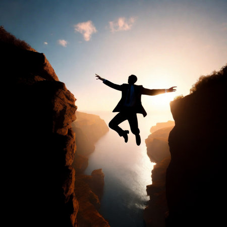 Illustration: Silhouette of a young businessman Jumping over mountains, the concept of rapid growth, moving towards new things. Generative AIの素材
