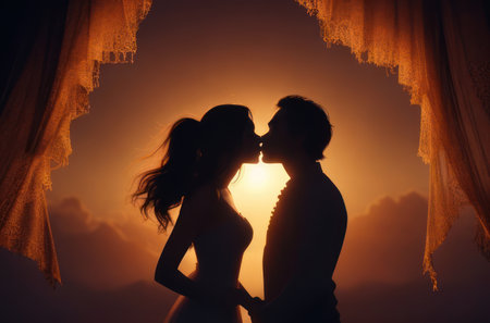 Illustration silhouette of a couple in the light of the setting sun. Generative AIの素材