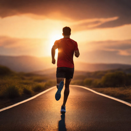 Runner jogging along a long track, healthy running concept.Generative AIの素材