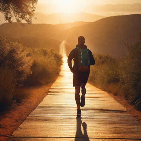 Runner jogging along a long track, healthy running concept.Generative AIの素材