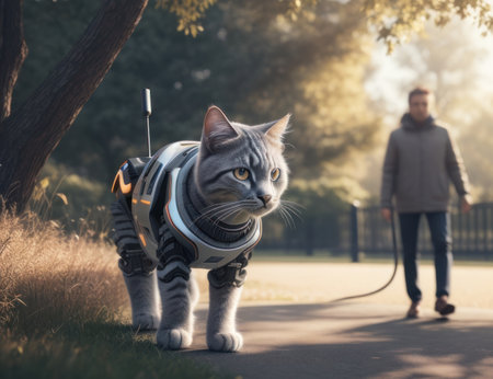 Robotic cat in the lawn of a community park with a shady atmosphere, future pet concept. Generative AIの素材