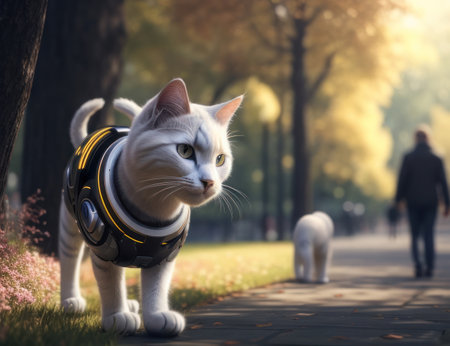 Robotic cat in the lawn of a community park with a shady atmosphere, future pet concept. Generative AIの素材
