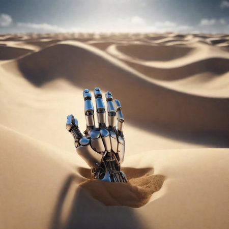 The hand of a robot buried in a sand dune vast desertの素材