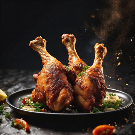 Fried chicken drumsticks float in the air and spices entice your taste buds, AI generatedの素材