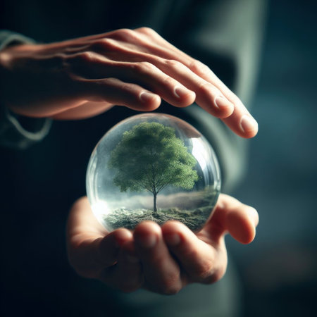 Human hand holding glass ball with tree inside. Environment conservation concept.の素材