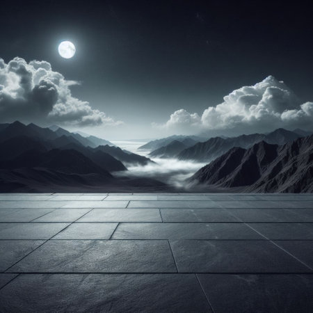 Empty stone floor black with background rugged mountain landscape under a moonlit sky, filled with drifting clouds.の素材