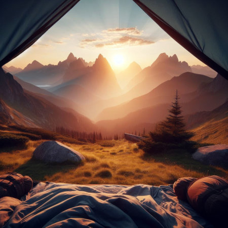 Beautiful view of serene mountain landscape from inside a tent, stunning sunrise, nobodyの素材