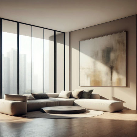 Modern style room covered in light brown tones.の素材