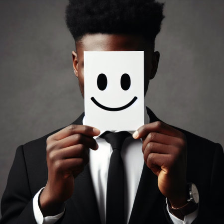 Black businessman holding smiley face sign in front of his head.の素材