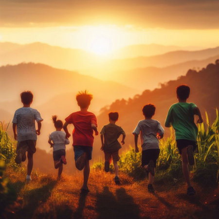 group of kids running into sunset in green mountain landscape , they are in motion blur and backlitの素材