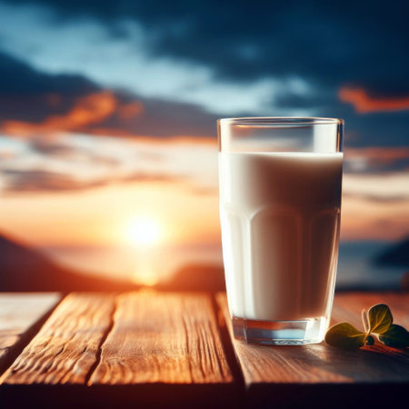 Glass of milk on wooden table over blur blue sky with sunset background.の素材
