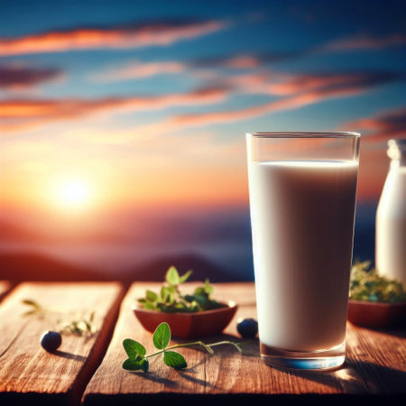 Glass of milk on wooden table over blur blue sky with sunset background.の素材