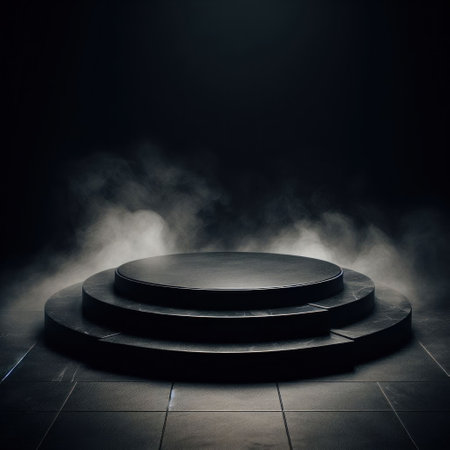 Empty black marble table podium with black stone floor in dark room with smoke.の素材