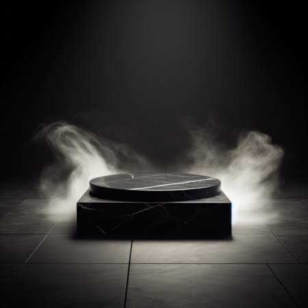 Empty black marble table podium with black stone floor in dark room with smoke.の素材