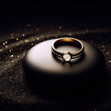 Ring on dark stone with circle dark sand backgroundの素材