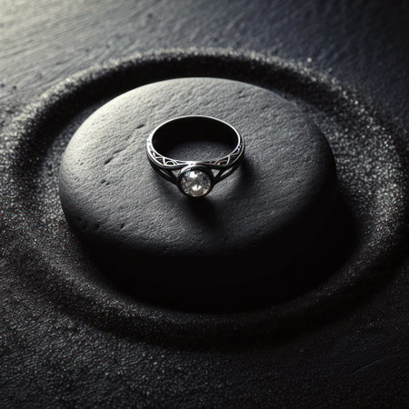 Ring on dark stone with circle dark sand backgroundの素材