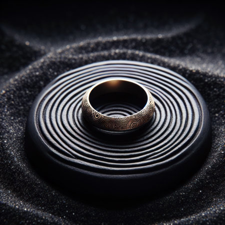 Ring on dark stone with circle dark sand backgroundの素材