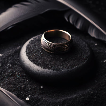 Ring on dark stone with circle dark sand backgroundの素材