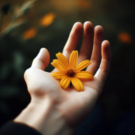 A hand holding a yellow flower extends to you.の素材