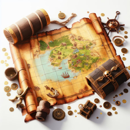 Treasure map in pirate movie isolate on white background.の素材